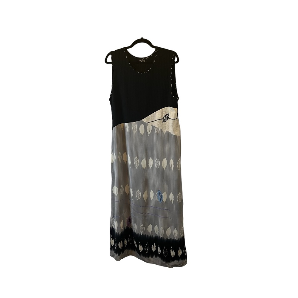 K.D. Spring Vintage Leaf Print Sleeveless Black Maxi Dress Made in USA Womens XL